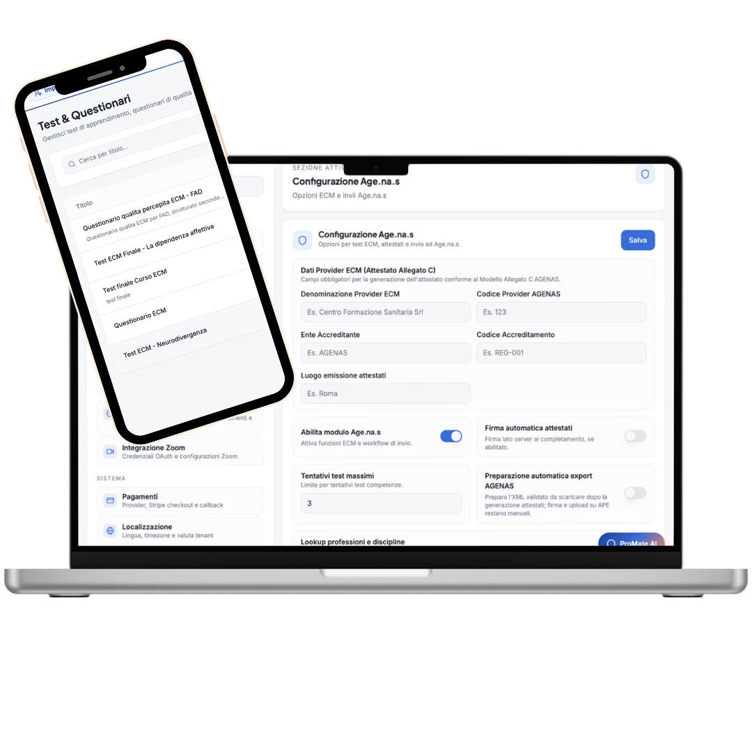Interfaccia Promate su smartphone e laptop: gestione questionari ECM e configurazione Age.na.s con opzioni di accreditamento e automazione attestati.