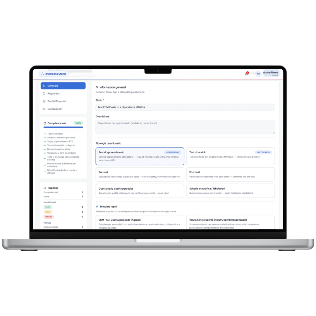 Schermata dell'interfaccia Promate su laptop nella sezione Partecipanti di un corso ECM: visualizzazione della gestione presenze, erogazione sessioni, registro partecipanti con stato di completamento e opzioni di export CSV.